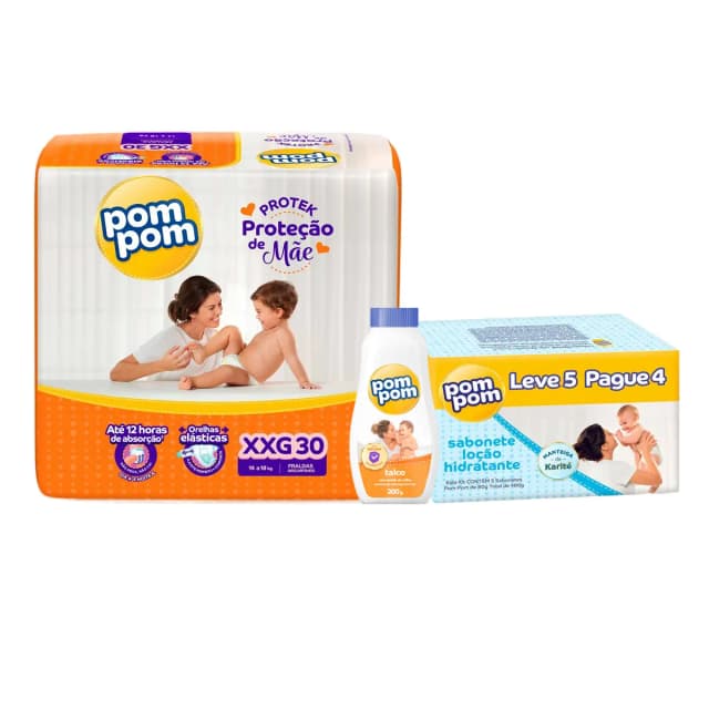 Kit Chá de Bebê Pom Pom tamanho XXG com talco e sabonete