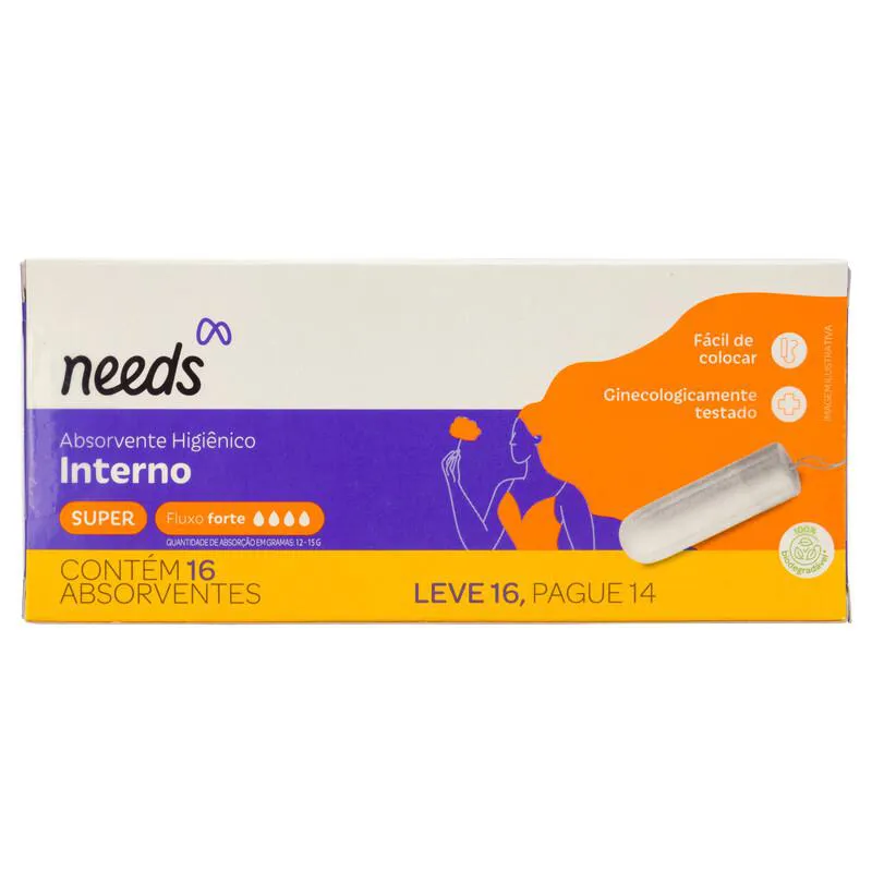 Embalagem do Absorvente Interno Super Fluxo Forte da marca Needs