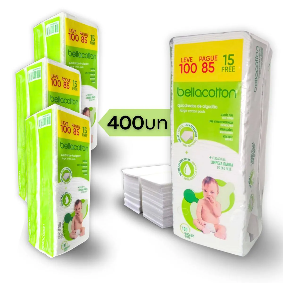Embalagem de Algodão Quadrado Bebê Bellacotton com 400 unidades