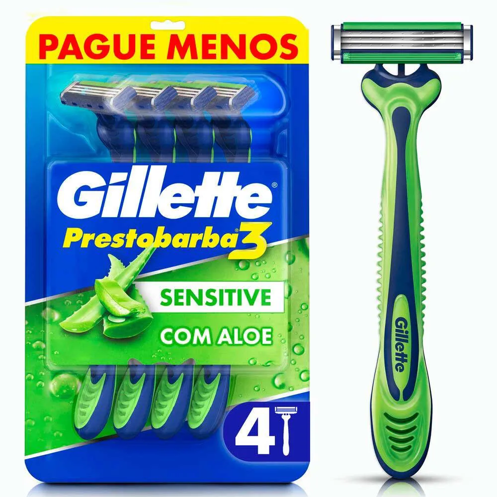 Embalagem do Aparelho de Barbear Prestobarba 3 Sensitive Aloe Vera da marca Gillette
