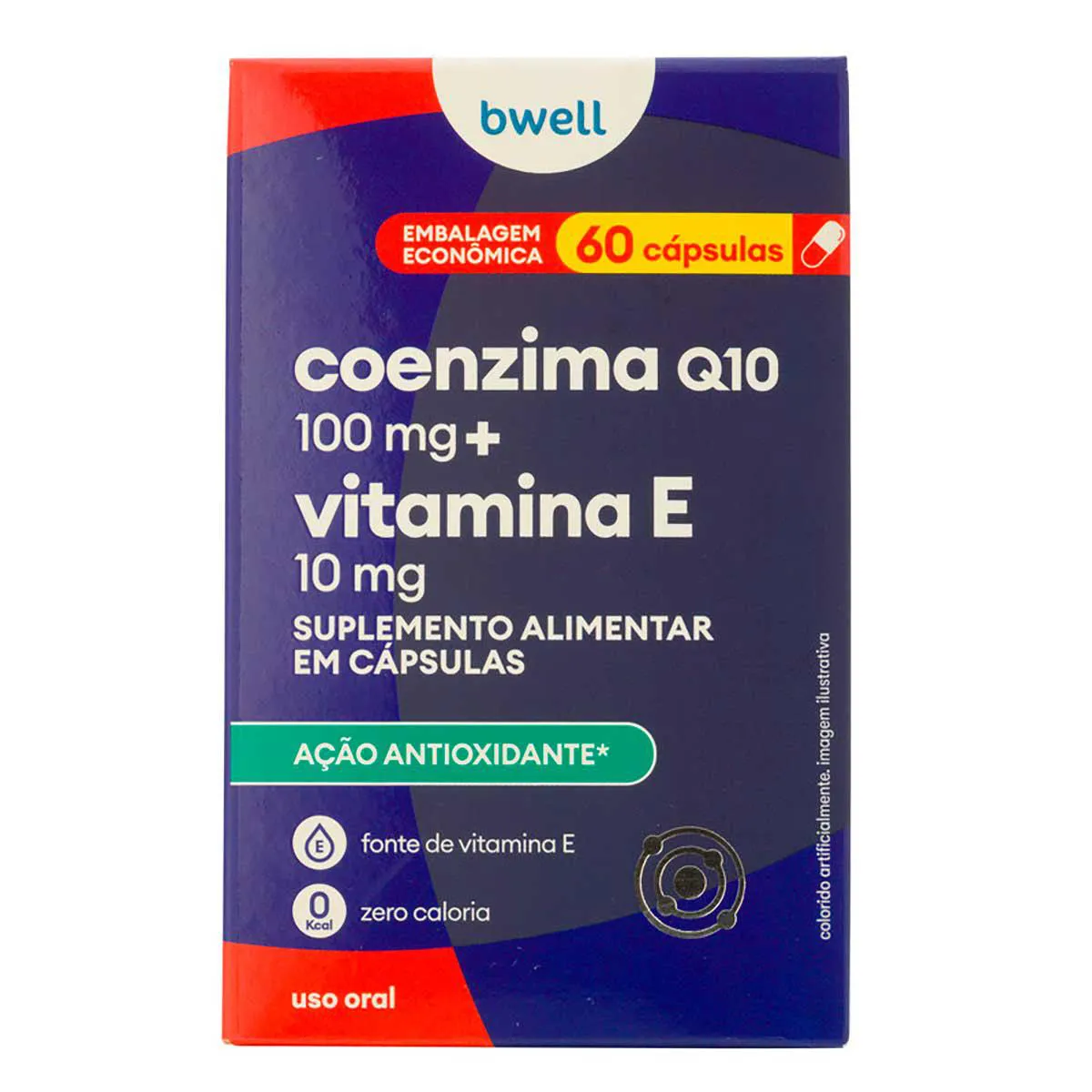 Embalagem do Coenzima Q10 100mg + Vitamina E 10mg da marca Bwell