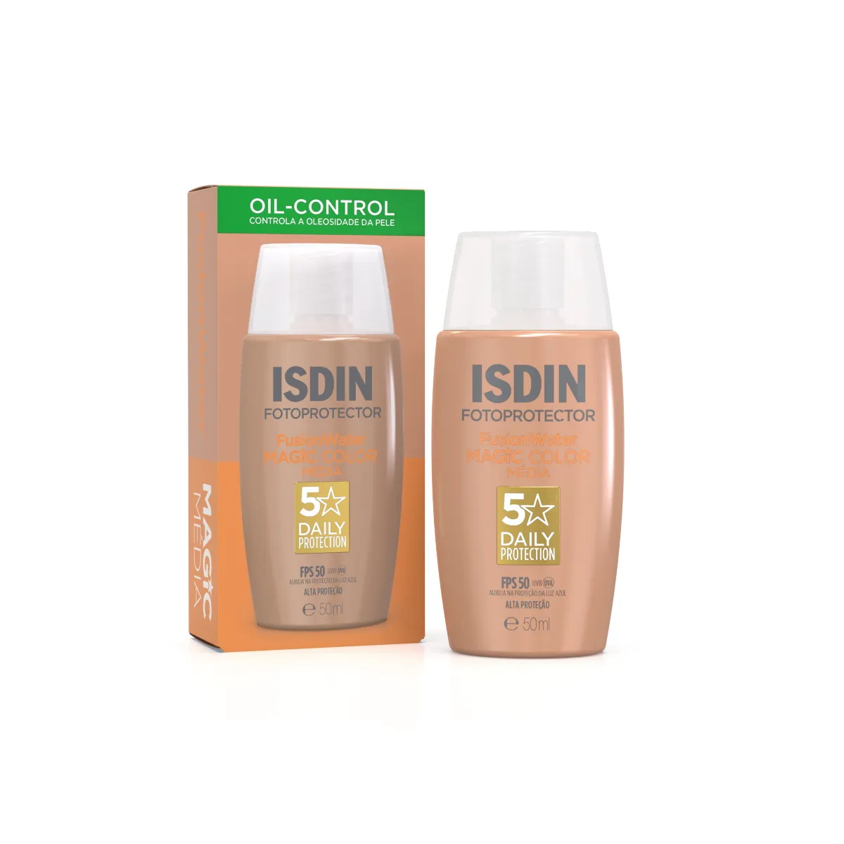 Frasco do Protetor Solar Facial ISDIN Fusion Water Color FPS 50