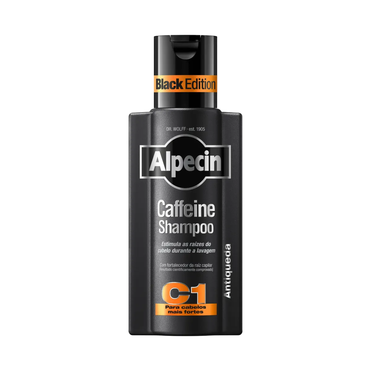 Embalagem do Shampoo Antiqueda Caffeine Black Edition da marca Alpecin